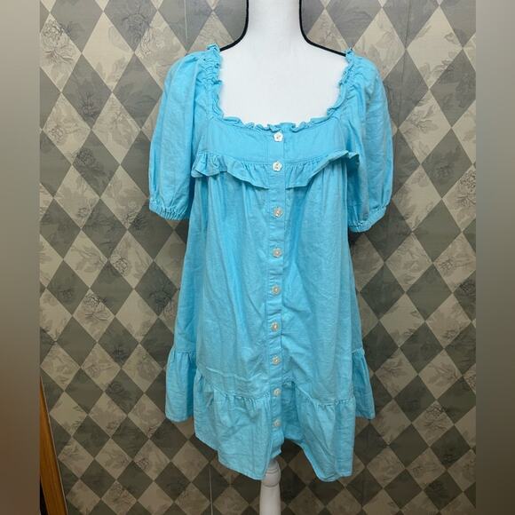 Stoney Clover Lane x Target Sky Blue Linen-Blend Puff-Sleeve Ruffle Dress - Picture 2 of 7
